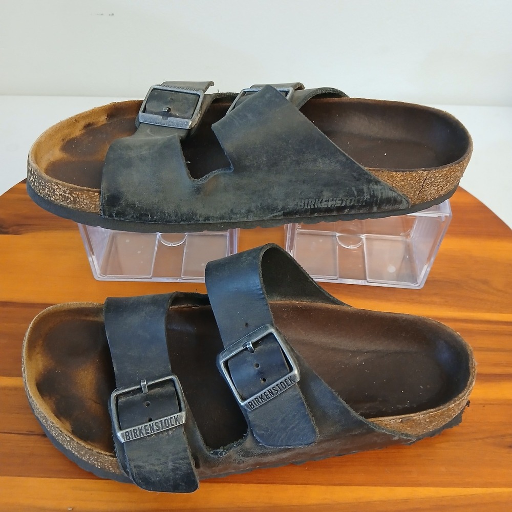 Birkenstock Arizona Sandals Mens 38 Black Leather Double Buckle Cork Slide